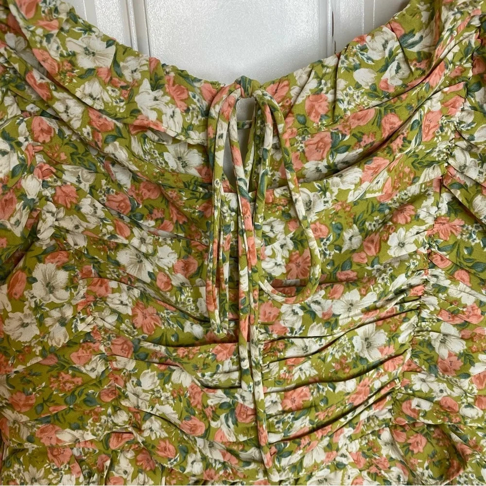 Lush Open Back Tie Ruched Mini Green Floral Short puffy sleeve Dress Siz… - Picture 6 of 12